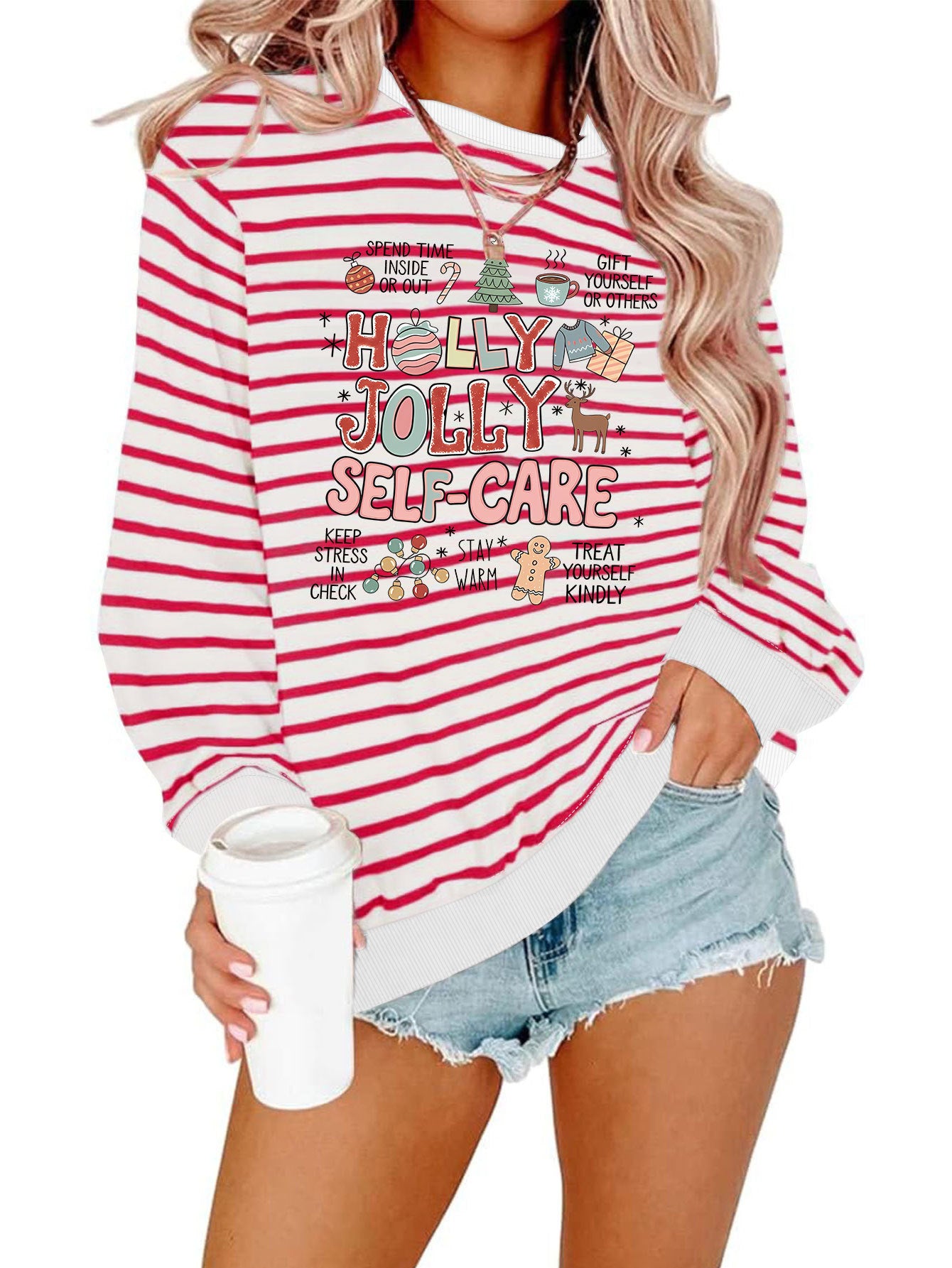 Holly Jolly Self Care Striped Hoodie