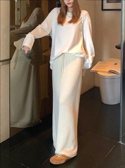 Self-kept Best Alpaca Wool Elastic Waist Drawstring Midi Skirt
