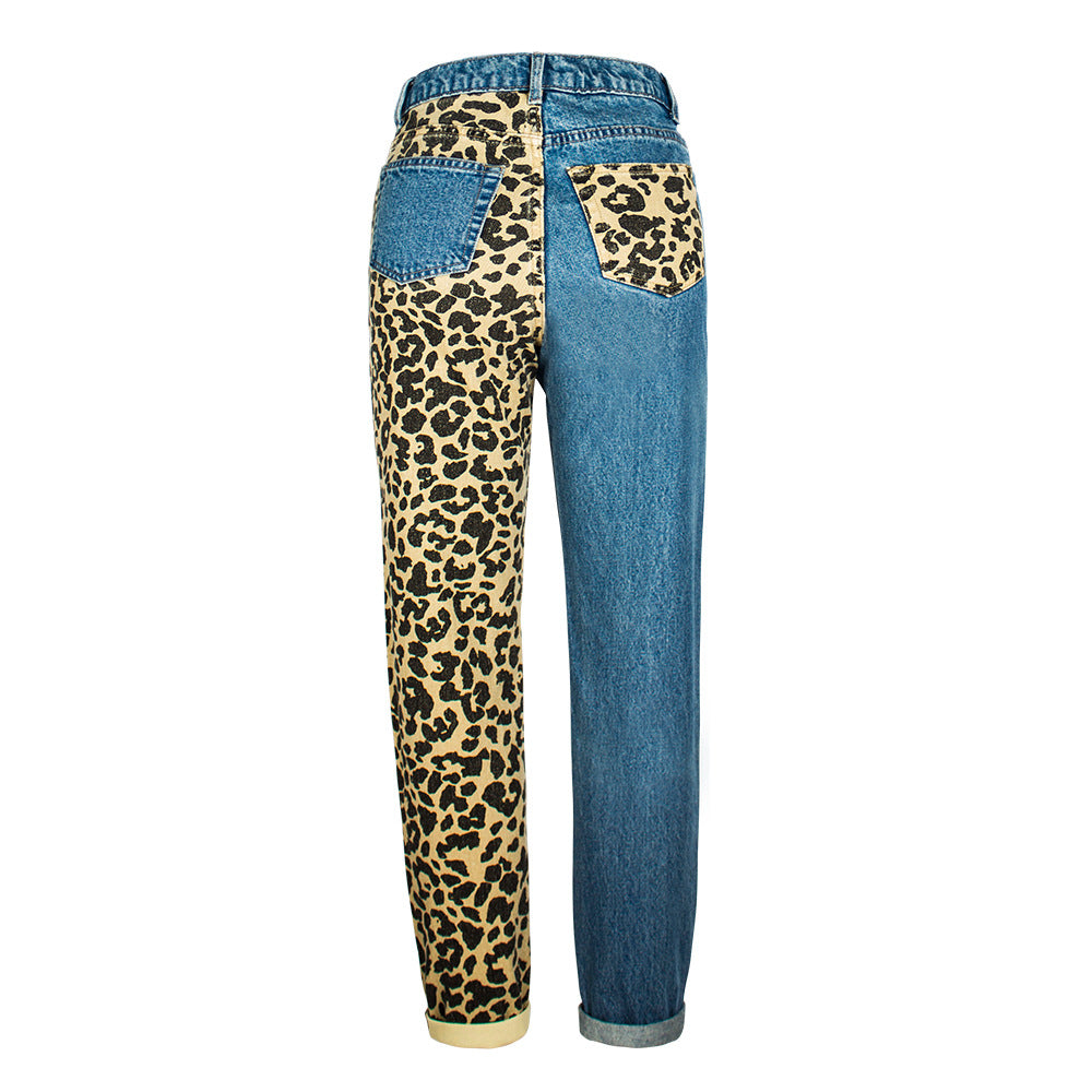 New Fashion Leopard High Waist Jeans Women`s Straight Boyfriend Denim Pants