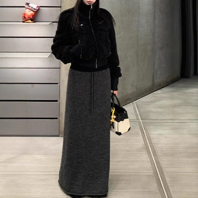 Self-kept Best Alpaca Wool Elastic Waist Drawstring Midi Skirt