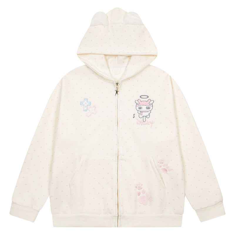 Pink polka dot cartoon angel embroidered hoodie women's coat