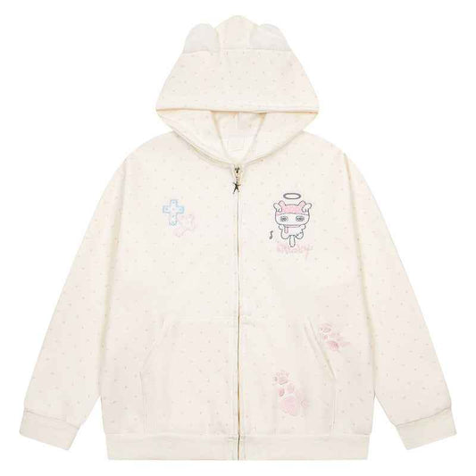 Pink polka dot cartoon angel embroidered hoodie women's coat