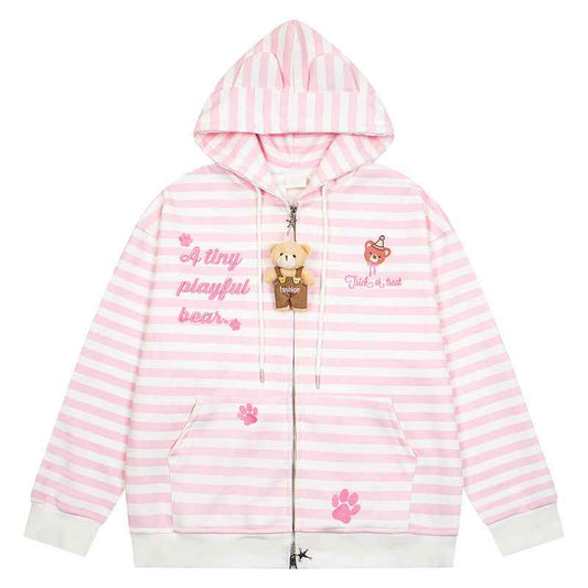 Striped teddy bear embroidered cute cardigan jacket