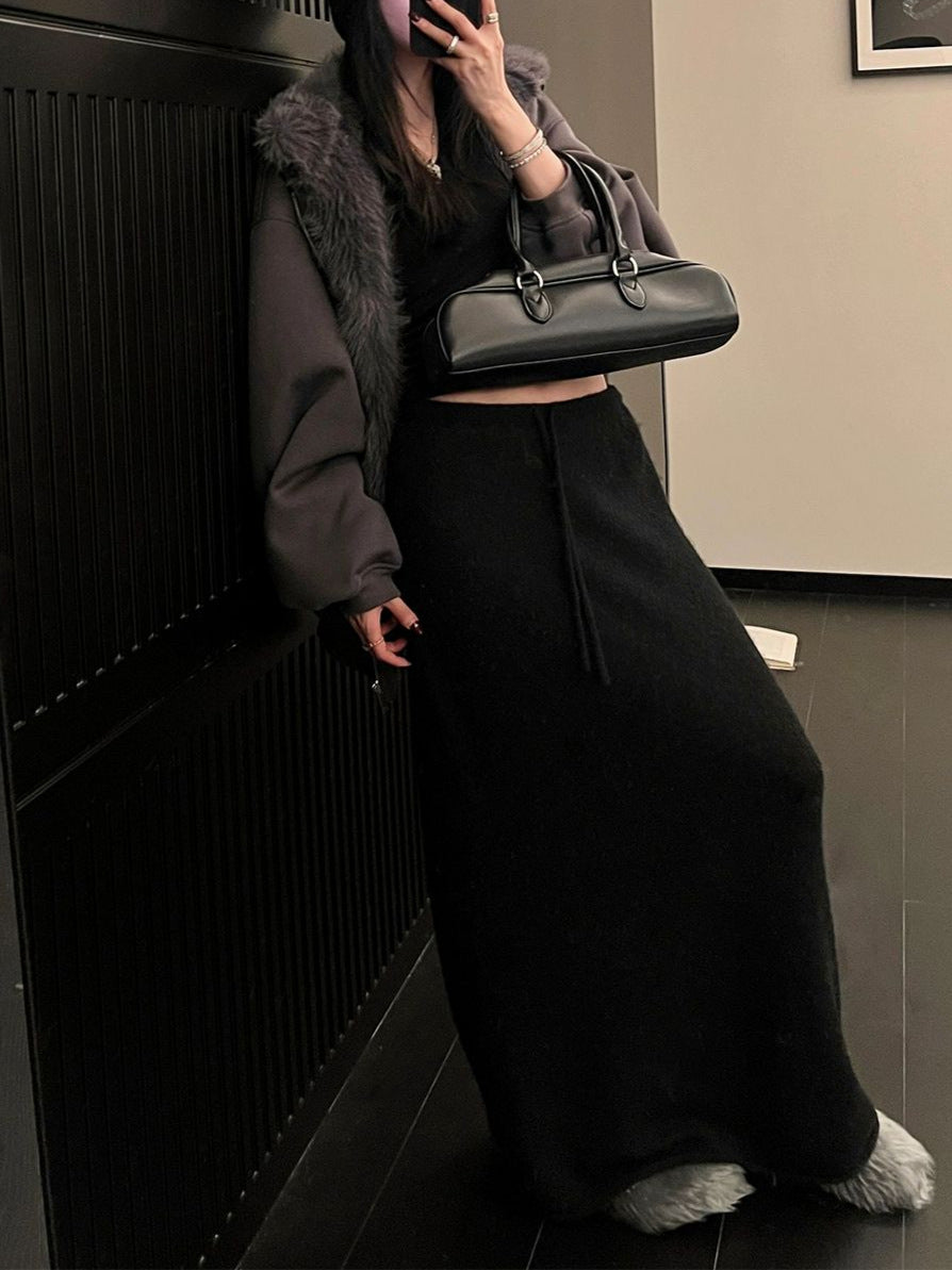 Self-kept Best Alpaca Wool Elastic Waist Drawstring Midi Skirt