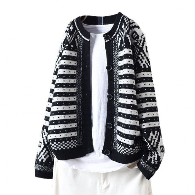 Lifestyle Casual Color-block Stripe Tweed Style Round Neck Knit Cardigan Slim Fit Sweater