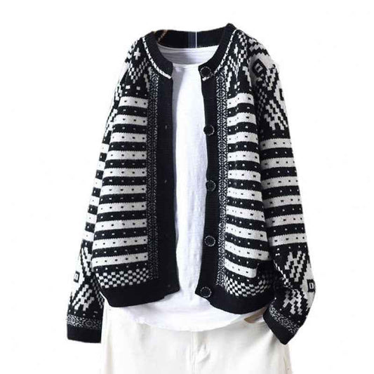 Lifestyle Casual Color-block Stripe Tweed Style Round Neck Knit Cardigan Slim Fit Sweater