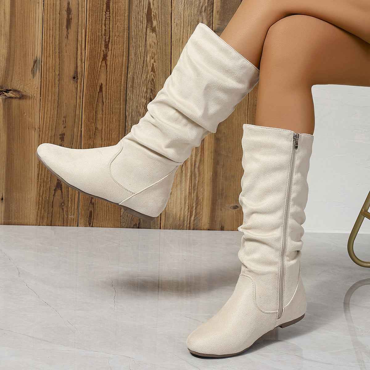 Casual Versatile Durable Comfortable Mid-Calf Boots Lightweight Pleated Side Zip Women's Leather Boots Flat Summer Boots