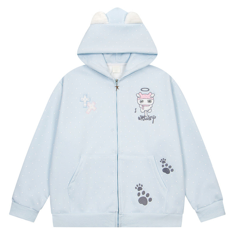 Pink polka dot cartoon angel embroidered hoodie women's coat