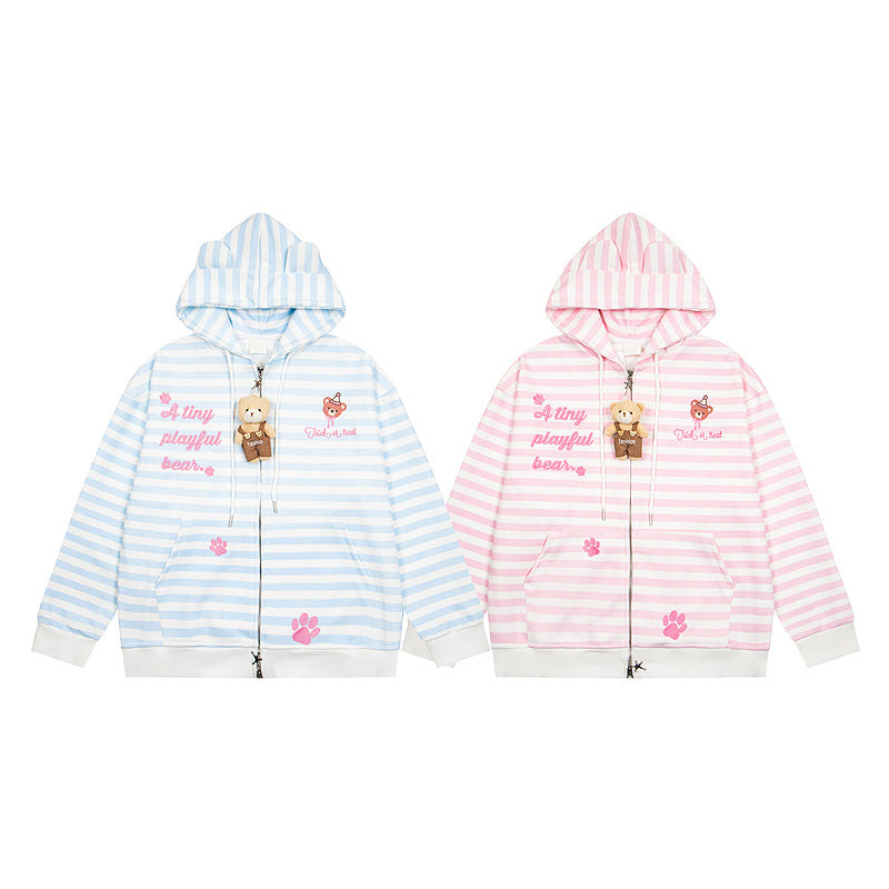 Striped teddy bear embroidered cute cardigan jacket
