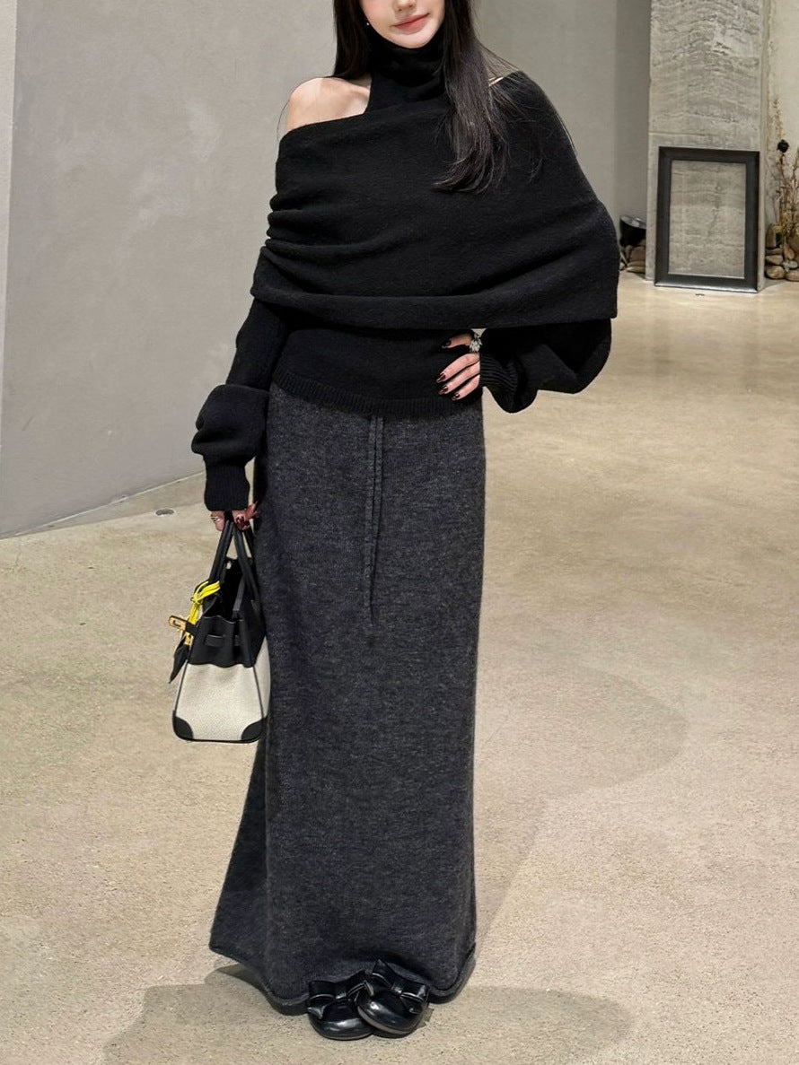 Self-kept Best Alpaca Wool Elastic Waist Drawstring Midi Skirt