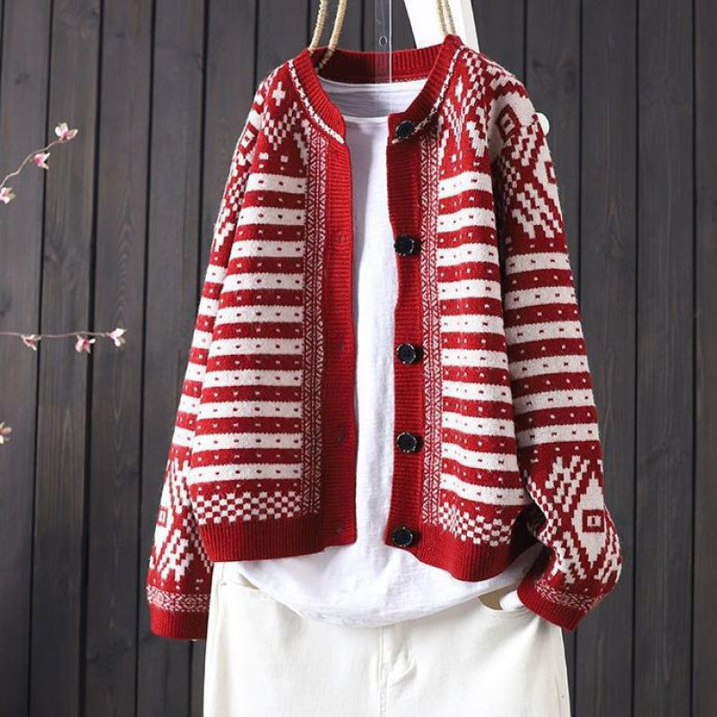 Lifestyle Casual Color-block Stripe Tweed Style Round Neck Knit Cardigan Slim Fit Sweater
