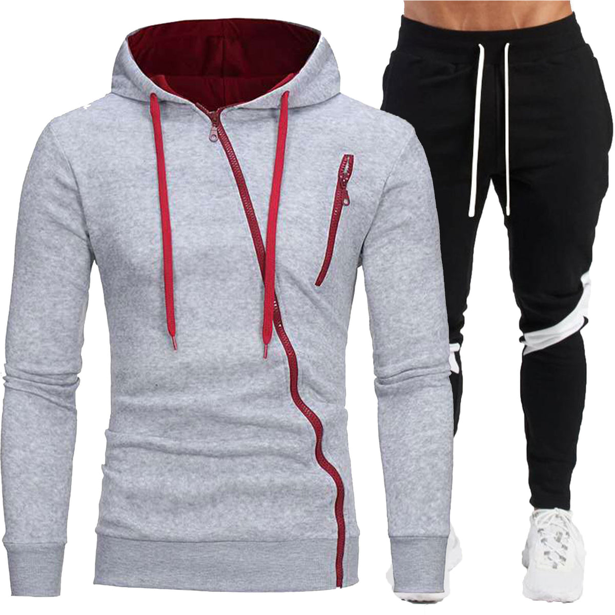 Men's Casual Diagonal Zipper Hooded Jacket and Long Pants Two-Piece Set