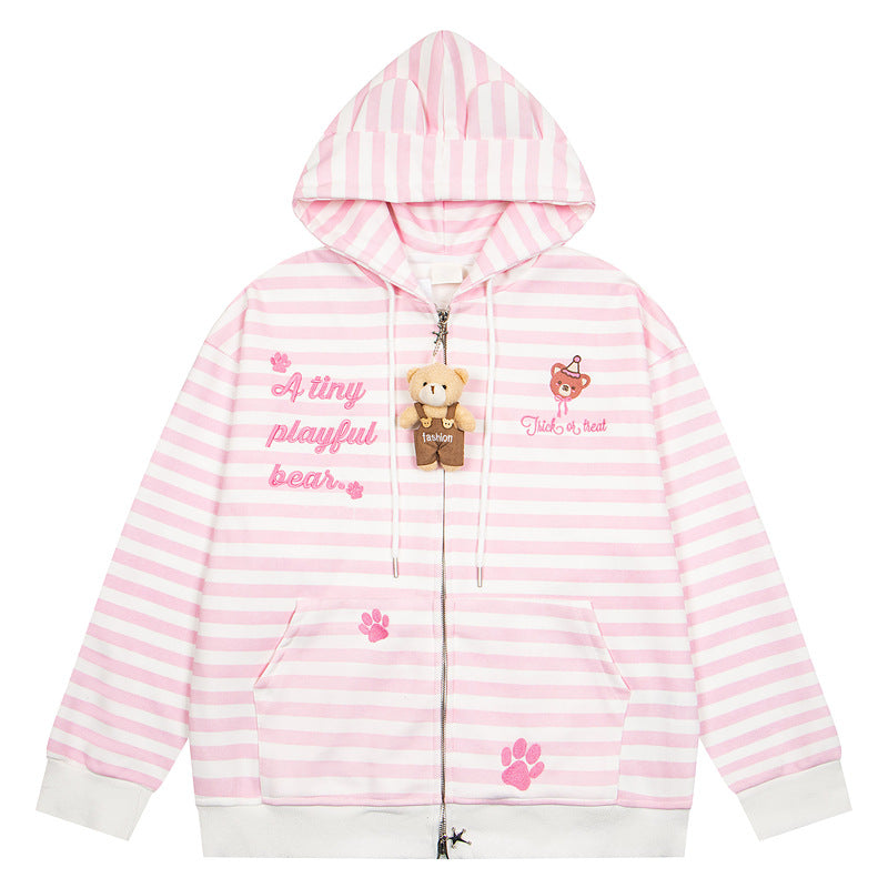 Striped teddy bear embroidered cute cardigan jacket