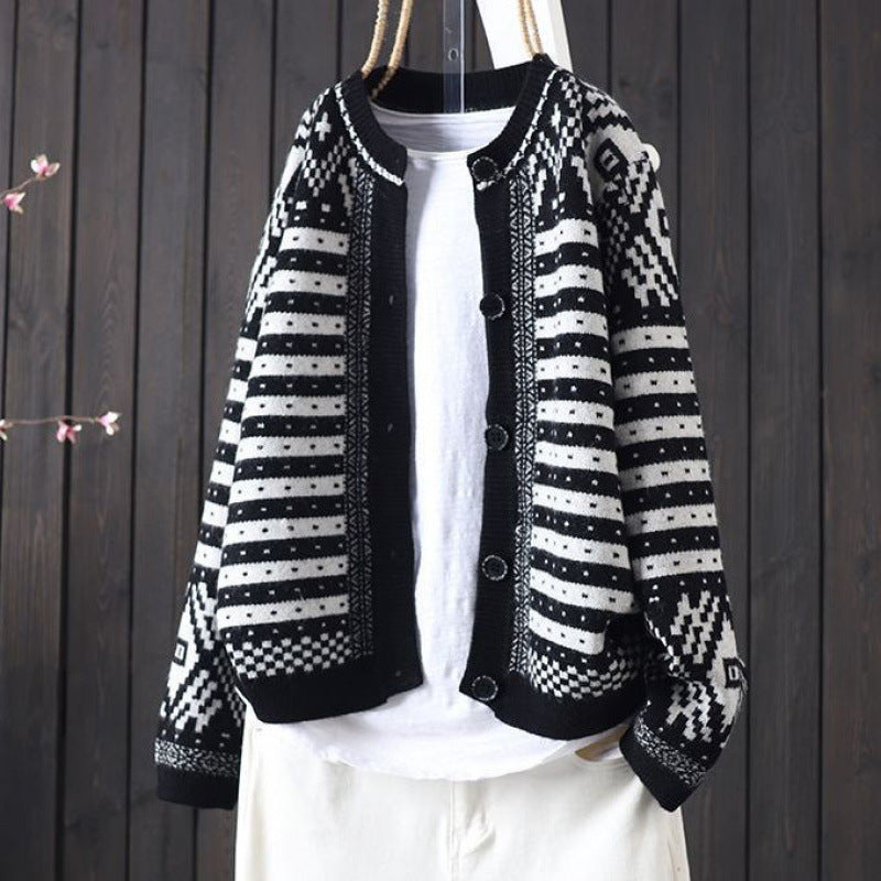 Lifestyle Casual Color-block Stripe Tweed Style Round Neck Knit Cardigan Slim Fit Sweater