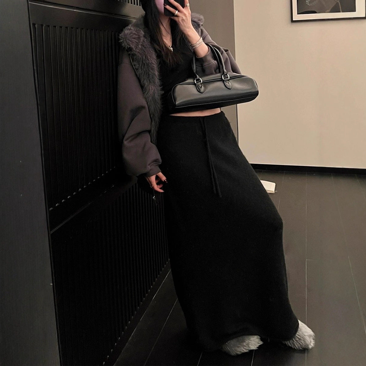 Self-kept Best Alpaca Wool Elastic Waist Drawstring Midi Skirt