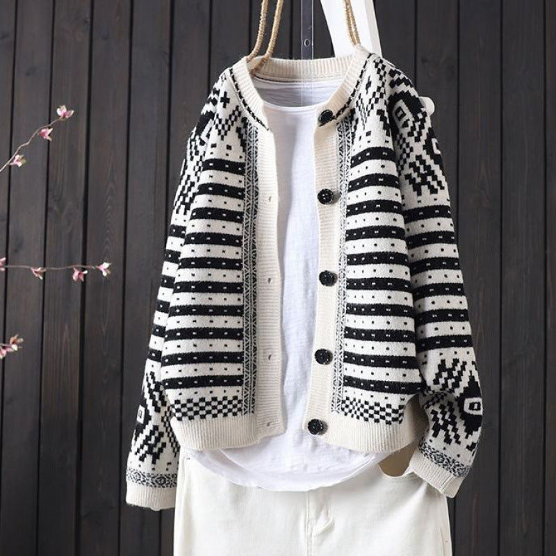 Lifestyle Casual Color-block Stripe Tweed Style Round Neck Knit Cardigan Slim Fit Sweater