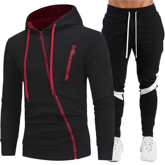 Men's Casual Diagonal Zipper Hooded Jacket and Long Pants Two-Piece Set