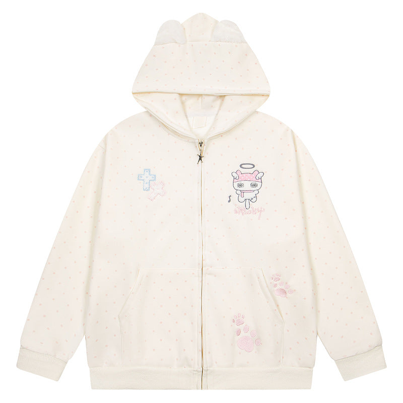 Pink polka dot cartoon angel embroidered hoodie women's coat