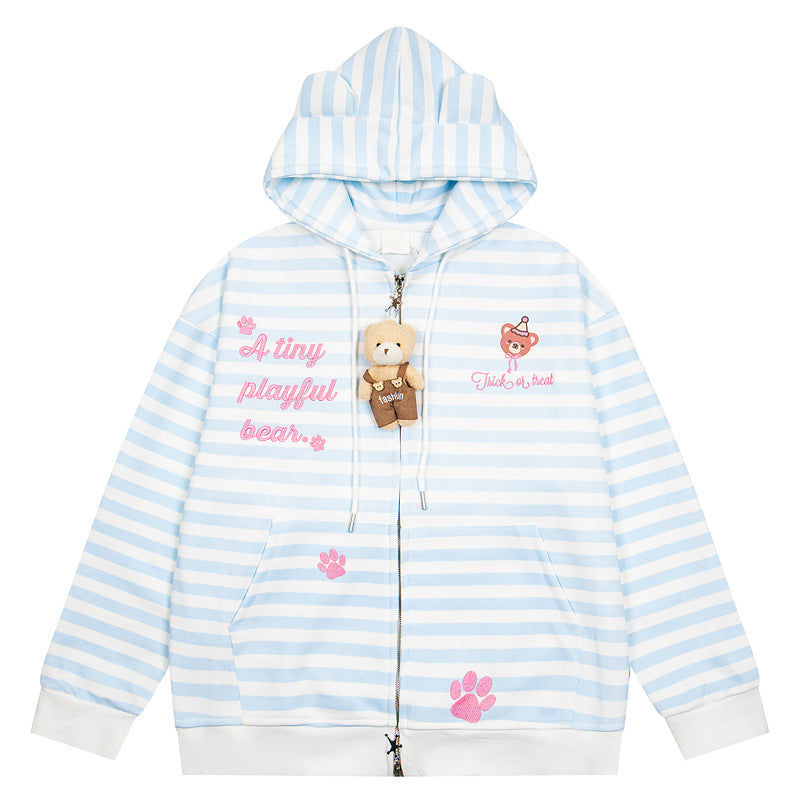 Striped teddy bear embroidered cute cardigan jacket