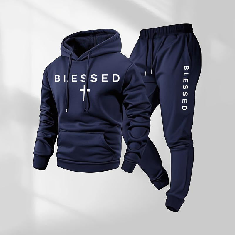 Men's Casual Graphic Print Hoodie and Pants Set, Loose Fit Two-Piece Sporty Outfit