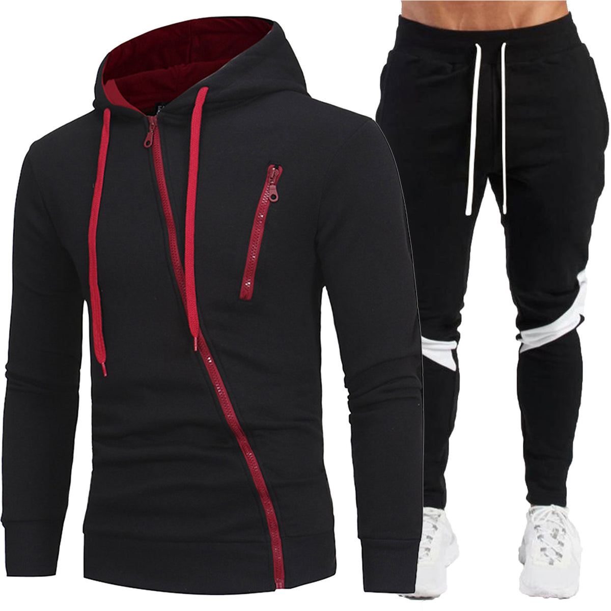 Men's Casual Diagonal Zipper Hooded Jacket and Long Pants Two-Piece Set