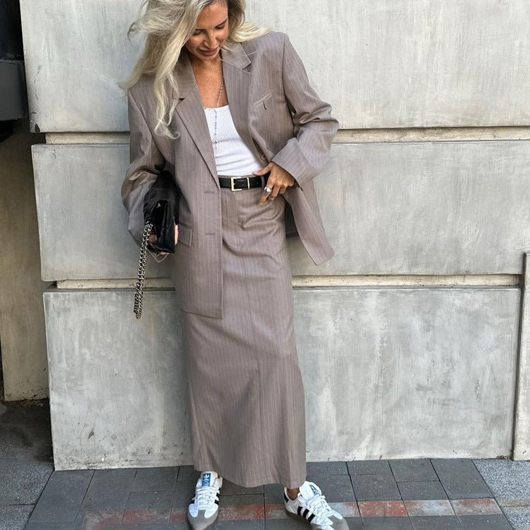 Women's two-piece split half skirt striped suit