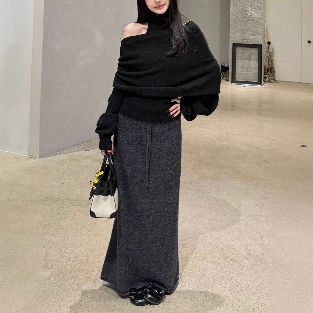 Self-kept Best Alpaca Wool Elastic Waist Drawstring Midi Skirt